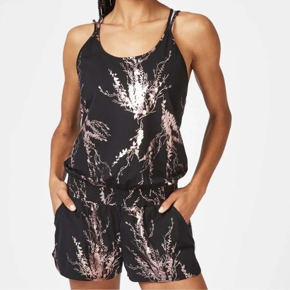 Sweaty Betty London Horizon Romper Black Rose Gold Metallic Strappy Active M